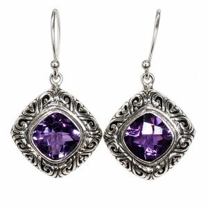 SAMUEL B. Sterling Silver Cushion Cut Amethyst Drop Dangle Earrings